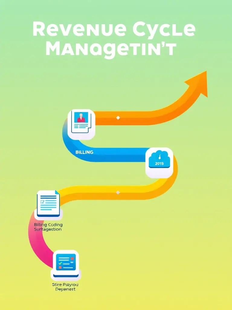 A visually appealing animated graphic of a Revenue Cycle Management (RCM) pipeline, with colorful icons and smooth transitions illustrating each step of the billing process, used to demonstrate the Animated RCM Visualizer.