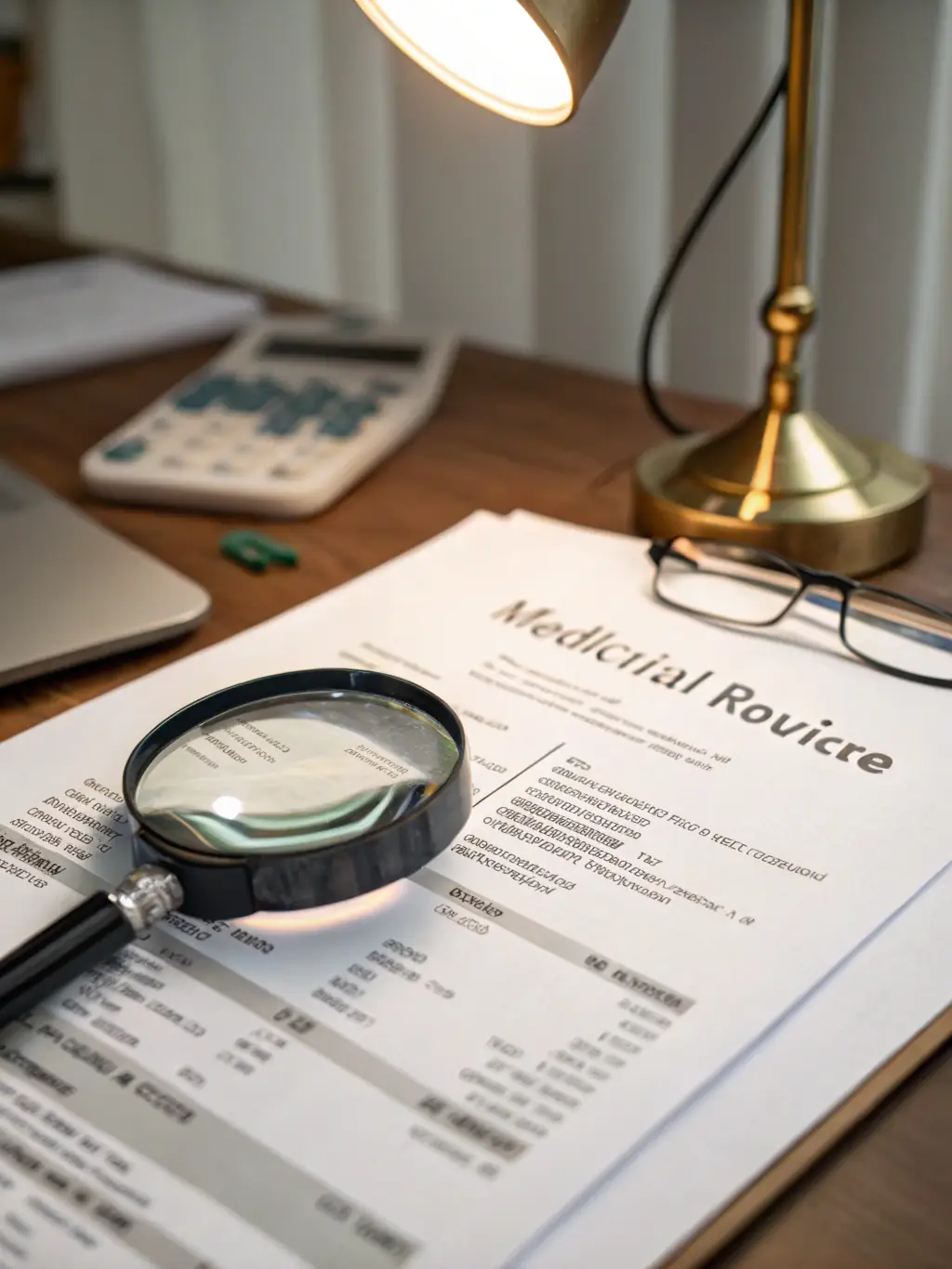 A medical billing specialist reviewing a patient's insurance claim form with a magnifying glass, ensuring accuracy and completeness before submission.