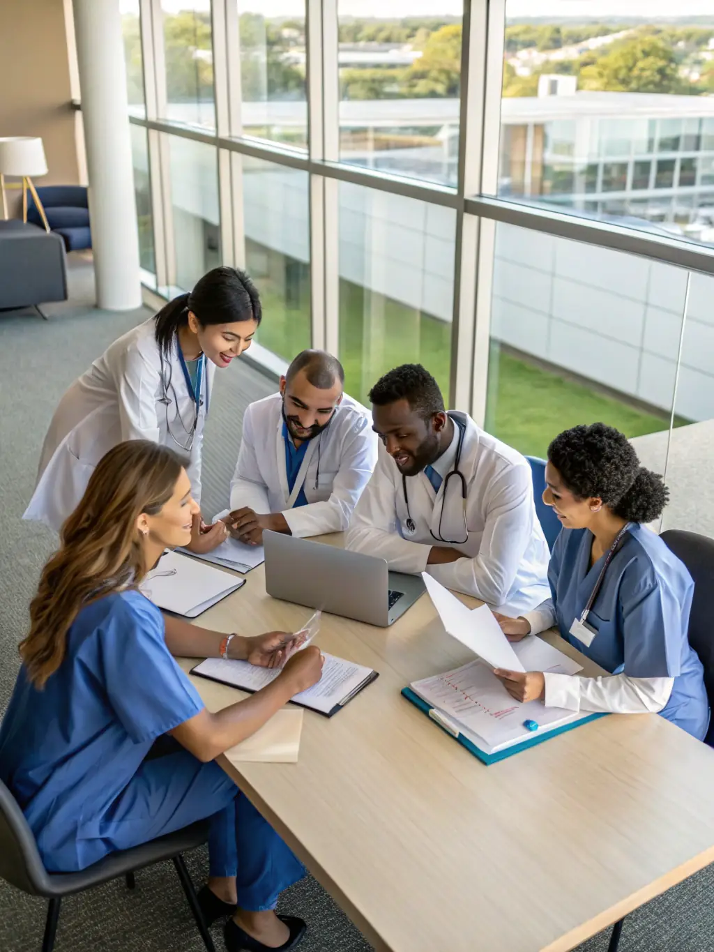 A team of business process outsourcing (BPO) specialists working collaboratively in a modern office setting, handling various administrative tasks for healthcare providers.