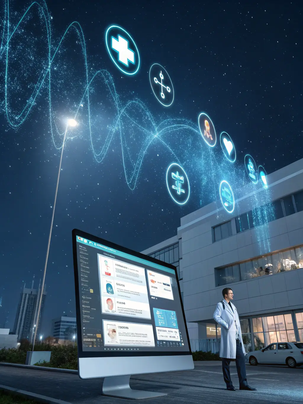 A futuristic holographic display showing a rotating 3D model of a team member's profile, complete with interactive data points and a sleek, modern interface, used to showcase the innovative holographic team profiles.